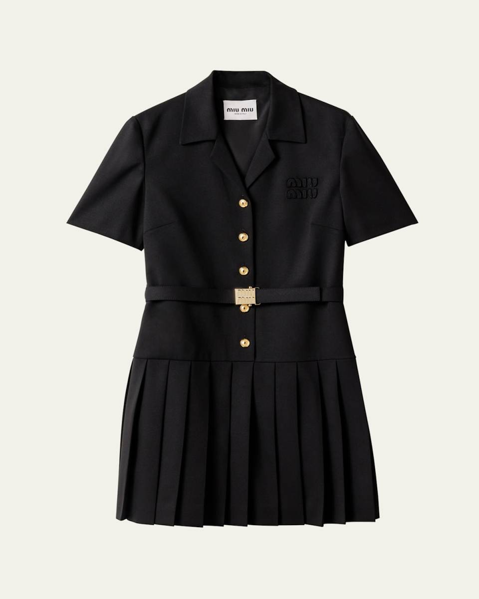 Short-Sleeve Button-Down Belted Mini Shirtdress